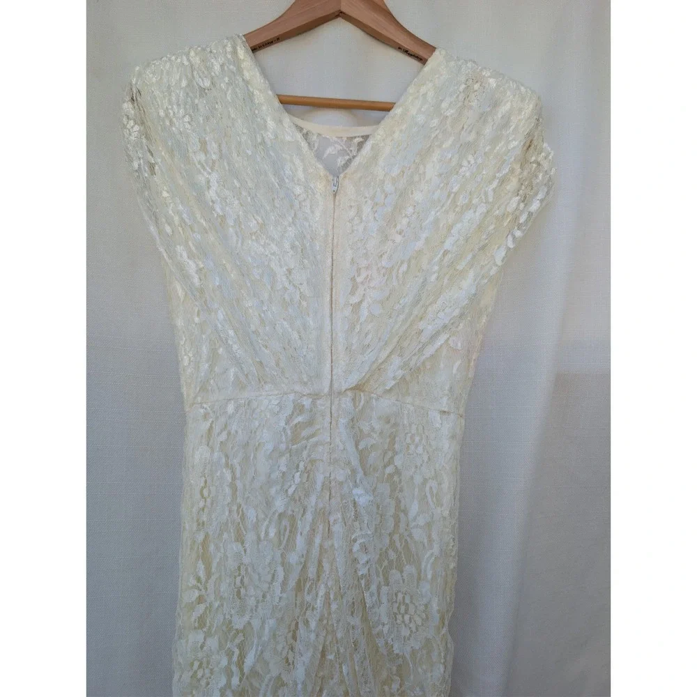 Vtg‎ Coquette Cream Lace Dress Handkerchief Hem Ruched Seneca Alternative Bride